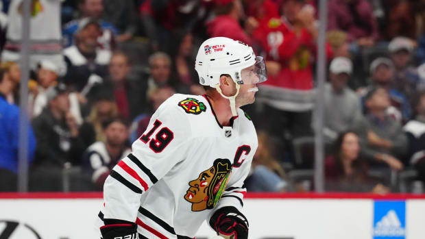 Oct 12, 2022; Denver, Colorado, USA; Chicago Blackhawks center Jonathan Toews (19) after scoring a goal in the first period against the Colorado Avalanche at Ball Arena.