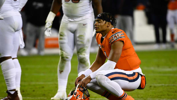 Oct 13, 2022; Chicago, Illinois, USA; Chicago Bears quarterback Justin Fields (1) looks on after turning the ball over on downs in the fourth quarter against the Washington Commanders at Soldier Field.