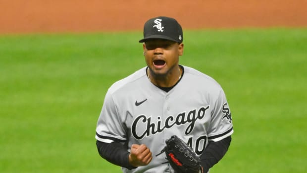 Jul 13, 2022; Cleveland, Ohio, USA; Chicago White Sox relief pitcher Reynaldo Lopez (40) reacts in the seventh inning against the Cleveland Guardians at Progressive Field.
