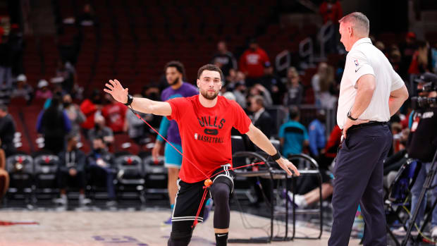 Apr 8, 2022; Chicago, Illinois, USA; Chicago Bulls guard Zach LaVine (8) warms up before an NBA game against the Charlotte Hornets at United Center.