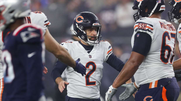 Oct 24, 2022; Foxborough, Massachusetts, USA; Chicago Bears kicker Cairo Santos (2) celebrates after a field goal during the first half against the New England Patriots at Gillette Stadium.