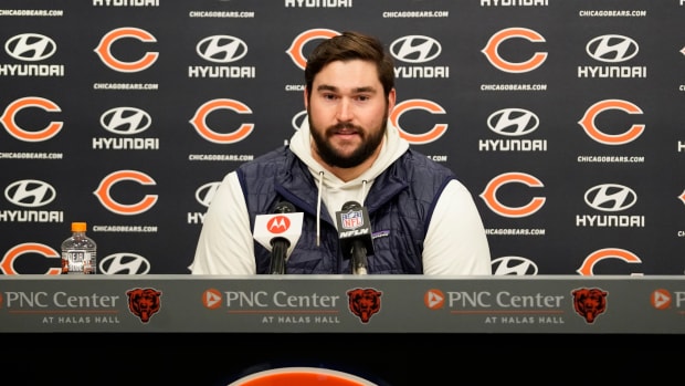 Mar 18, 2022; Lake Forest, IL, USA; Lucas Patrick speaks to the media as he has agreed to a free agent contract with the Chicago Bears. He played for the Green Bay Packers last year.