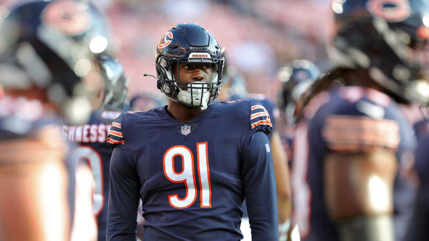 Chicago Bears defensive end Dominique Robinson (91) pictured before a preseason game, Saturday, Aug. 27, 2022, in Cleveland.