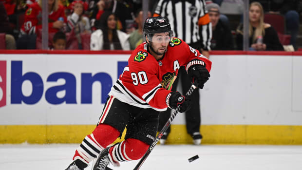 Oct 1, 2022; Chicago, Illinois, USA; Chicago Blackhawks forward Tyler Johnson (90) in the second period against the Detroit Red Wings at the United Center.