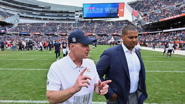 Aug 13, 2022; Chicago, Illinois, USA; Chicago Bears head coach Matt Eberflus, left, and general manager Ryan Poles walk off the field after the Bears defeated the Kansas City Chiefs 19-14 at Soldier Field.