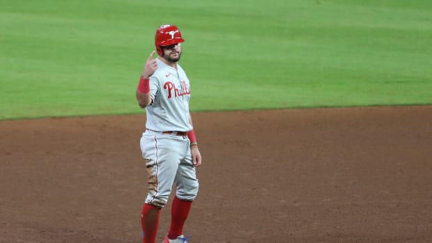 Oct 28, 2022; Houston, Texas, USA; Philadelphia Phillies left fielder Kyle Schwarber (12) reacts after stealing second base during the seventh inning against the Houston Astros in game one of the 2022 World Series at Minute Maid Park.