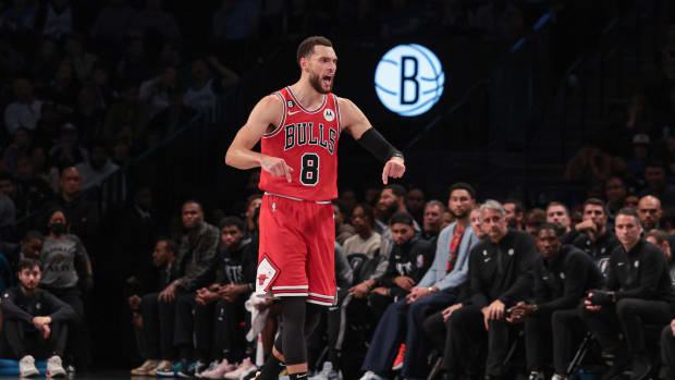 Nov 1, 2022; Brooklyn, New York, USA; Chicago Bulls guard Zach LaVine (8) reacts after making a three-point basket against the Brooklyn Nets during the second half at Barclays Center.