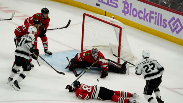 Nov 3, 2022; Chicago, Illinois, USA; Chicago Blackhawks goaltender Arvid Soderblom (40) makes a save against the Los Angeles Kings during the third period at United Center.