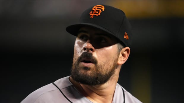 Sep 23, 2022; Phoenix, Arizona, USA; San Francisco Giants starting pitcher Carlos Rodon (16) leaves the game against the Arizona Diamondbacks during the fifth inning at Chase Field.