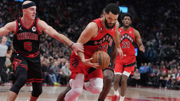Nov 6, 2022; Toronto, Ontario, CAN; Toronto Raptors guard Fred VanVleet (23) controls the ball as Chicago Bulls guard Alex Caruso (6) tries to defend during the second quarter at Scotiabank Arena.