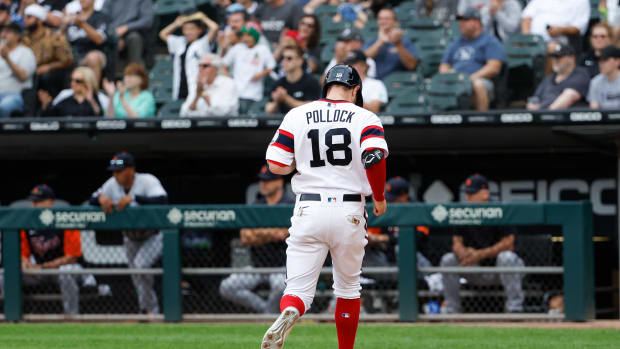 Aug 14, 2022; Chicago, Illinois, USA; Chicago White Sox left fielder AJ Pollock (18) scores against the Detroit Tigers during the fifth inning at Guaranteed Rate Field.