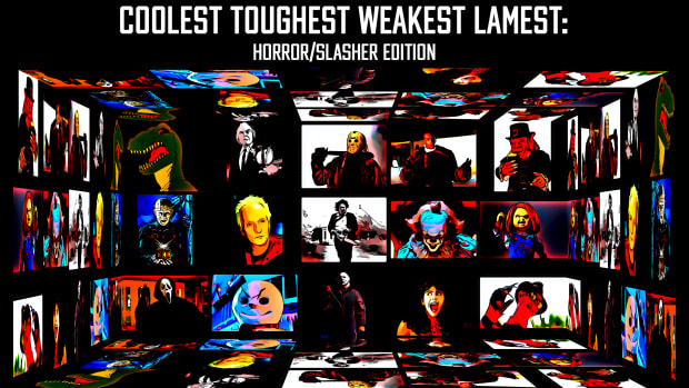 A series of photos of horror movie slashers/monsters who are either included in the article or were considered for the article. The title says : Coolest Toughest Weakest Lamest horror/slasher edition. There are 3 rows of 5 images. Those images, from lest to right are: Row 1: Sharptooth from Land Before Time, The Tall Man from Phantasm, Jason Voorhees from Friday the 13th, Candyman from The Candyman, and Leprechaun from The Leprechaun. Row 2: Pinhead from Hellraiser, Jigsaw from Saw, Leatherface from Texas Chain Saw Massacre, and Chucky from Child's Play. Row 3: Ghostface from Scream, Jack Frost from Jack Frost, Michael Myers from Halloween, Angela Baker from Sleepaway Camp, and Freddy Krueger from A Nightmare on Elm Street.