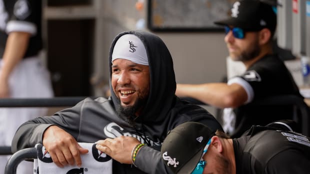 Oct 5, 2022; Chicago, Illinois, USA; Chicago White Sox first baseman Jose Abreu (79) smiles before a game against the Minnesota Twins at Guaranteed Rate Field.