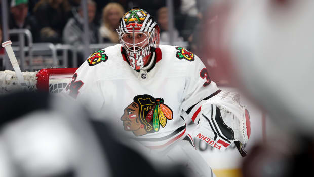 Nov 10, 2022; Los Angeles, California, USA; Chicago Blackhawks goaltender Petr Mrazek (34) protects the goal during the second period against the Los Angeles Kings at Crypto.com Arena.