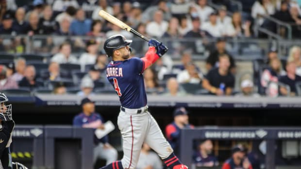 Sep 7, 2022; Bronx, New York, USA; Minnesota Twins shortstop Carlos Correa (4) hits a solo home run in the third inning against the New York Yankees at Yankee Stadium.