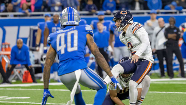 Nov 25, 2021; Detroit, Michigan, USA; Chicago Bears kicker Cairo Santos (2) kicks a field goal against the Detroit Lions in the second half at Ford Field.