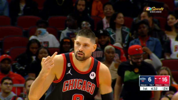 Chicago Bulls Nikola Vucevic holds up his middle finger during a game against the New Orleans Pelicans
