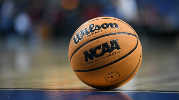 Mar 25, 2022; Greensboro, NC, USA; A general shot of the game ball for the NCAA Women's tournament displaying the Final Four logo in the Greensboro regional semifinals of the women's college basketball NCAA Tournament at Greensboro Coliseum.