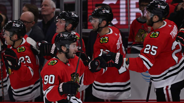 Oct 23, 2022; Chicago, Illinois, USA; Chicago Blackhawks forward Tyler Johnson (90) celebrates his second goal of the game against the Seattle Kraken in the third period at United Center. Chicago defeated Seattle 5-4.