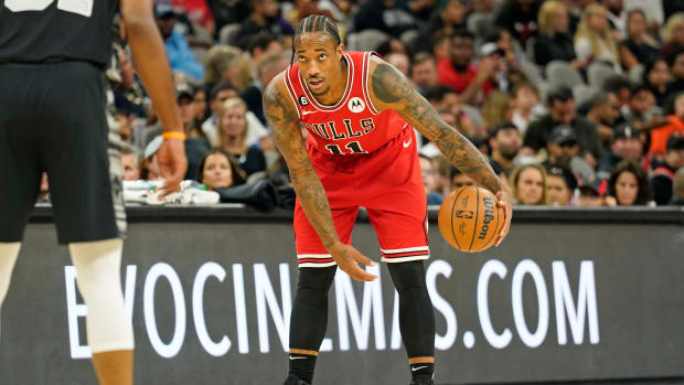 Oct 28, 2022; San Antonio, Texas, USA; Chicago Bulls forward DeMar DeRozan (11) looks to the pass the ball during the first half against the San Antonio Spurs at AT&T Center.