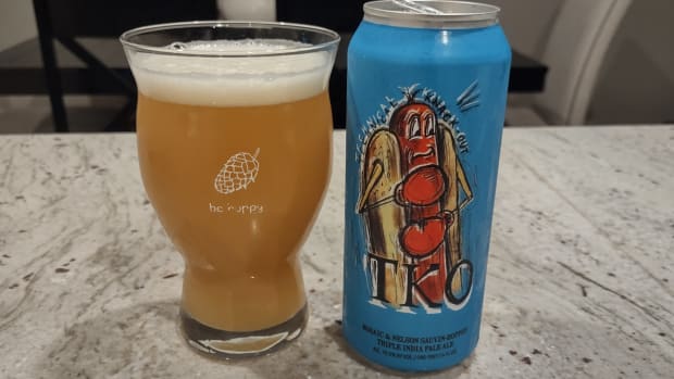 Hop Butcher's Technical Knack-out Triple IPA poured into a glass side-by-side with the can
