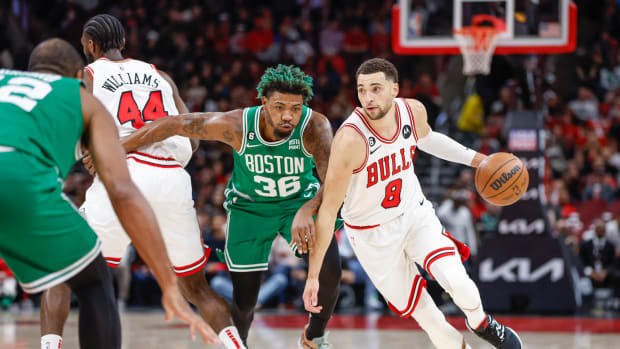 Nov 21, 2022; Chicago, Illinois, USA; Chicago Bulls guard Zach LaVine (8) moves to the basket against the Boston Celtics during the first half at United Center.