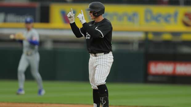 Apr 17, 2024; Chicago, Illinois, USA; Chicago White Sox first base Andrew Vaughn (25) reacts after hitting a double in the fourth inning during game two of a doubleheader against the Kansas City Royals at Guaranteed Rate Field.