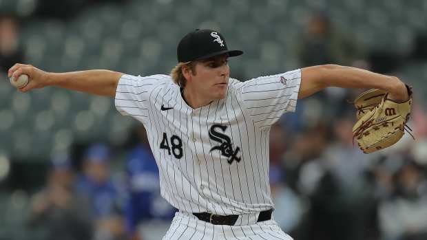Apr 17, 2024; Chicago, Illinois, USA; Chicago White Sox starting pitcher Jonathan Cannon (48) throws the ball in the first inning of his MLB debut during game one of a double header against the Kansas City Royals at Guaranteed Rate Field.