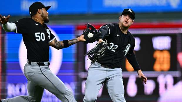 Apr 20, 2024; Philadelphia, Pennsylvania, USA; Chicago White Sox infielder Lenyn Sosa (50) and outfielder Gavin Sheets (32) collide and drop a fly ball against the Philadelphia Phillies in the seventh inning at Citizens Bank Park.