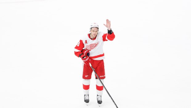 Feb 25, 2024; Chicago, Illinois, USA; Detroit Red Wings right wing Patrick Kane (88) waves to fans after the game against the Chicago Blackhawks at United Center.