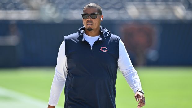 Sep 10, 2023; Chicago, Illinois, USA; Chicago Bears general manager Ryan Poles walks laps around the field before their game against the Green Bay Packers at Soldier Field.