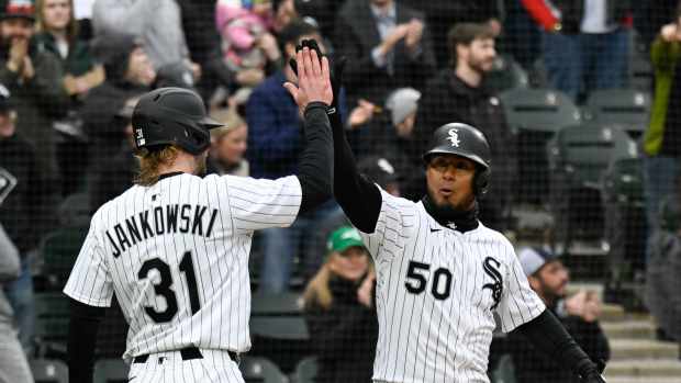 Mar 27, 2025; Chicago, Illinois, USA; Chicago White Sox third base Lenyn Sosa (50) high fives Chicago White Sox outfielder Travis Jankowski (19) after he hits a two run home run against the Los Angeles Angels during the eighth inning at Guaranteed Rate Field.