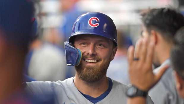 Jun 10, 2025; Philadelphia, Pennsylvania, USA; Chicago Cubs first base Michael Busch (29) celebrates his home run in the dugout during the fourth inning against the Philadelphia Phillies at Citizens Bank Park.
