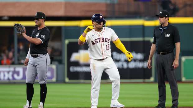 Jun 11, 2025; Houston, Texas, USA; Houston Astros third baseman Isaac Paredes (15) reacts to his double against the Chicago White Sox in the first inning at Daikin Park.