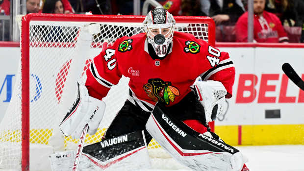 Jan 24, 2025; Chicago, Illinois, USA; Chicago Blackhawks goaltender Arvid Soderblom (40) watches the puck after a save against the Tampa Bay Lightning during the second period at the United Center.