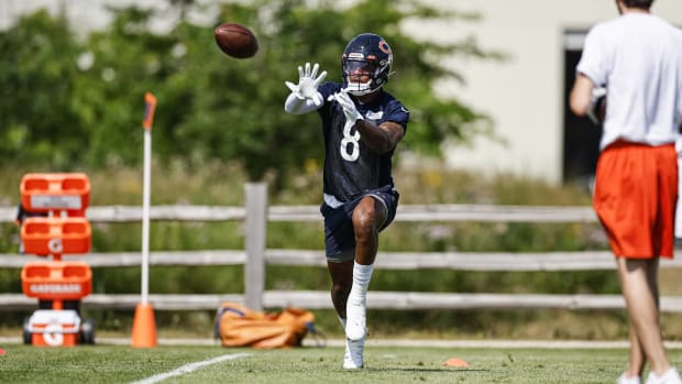 Chicago Bears wide receiver N'Keal Harry catches a pass during training camp