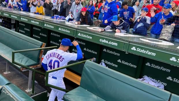 Oct 2, 2022; Chicago, Illinois, USA; Chicago Cubs catcher Willson Contreras (40) bids farewell to the fans after the game against the Cincinnati Reds at Wrigley Field.
