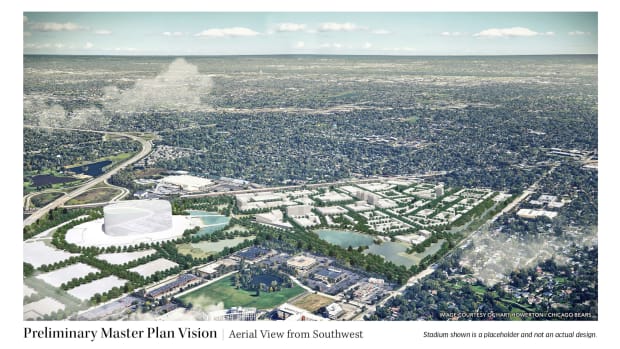 The Preliminary Master Plan for the Arlington Park property in Arlington Heights. The concept does not include a stadium design, but simply outlines how the property will look, if developed. This is the aerial view from the Southwest.
