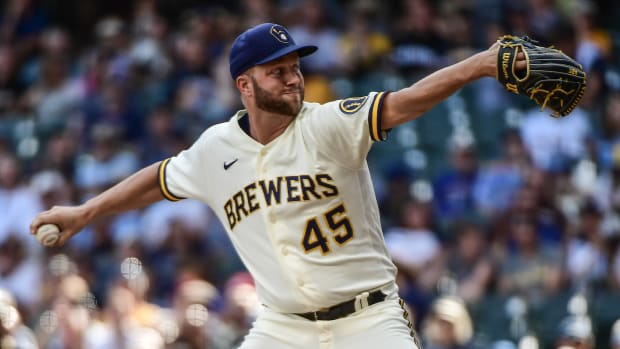 Aug 31, 2022; Milwaukee, Wisconsin, USA; Milwaukee Brewers pitcher Brad Boxberger (45) throws a pitch in the seventh inning against the Pittsburgh Pirates at American Family Field.