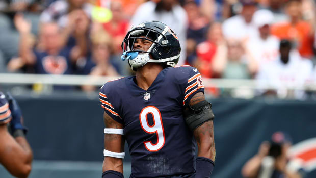 Aug 13, 2022; Chicago, Illinois, USA; Chicago Bears safety Jaquan Brisker (9) reacts after a play against the Kansas City Chiefs during the first half at Soldier Field.