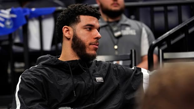 Apr 10, 2022; Minneapolis, Minnesota, USA; Chicago Bulls guard Lonzo Ball (2) looks on against the Minnesota Timberwolves during the fourth quarter at Target Center.