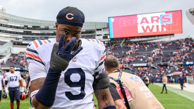 Sep 25, 2022; Chicago, Illinois, USA; Chicago Bears safety Jaquan Brisker (9) walks off the field after a win against the Houston Texans at Soldier Field. Mandatory Credit: Daniel Bartel-USA TODAY Sports