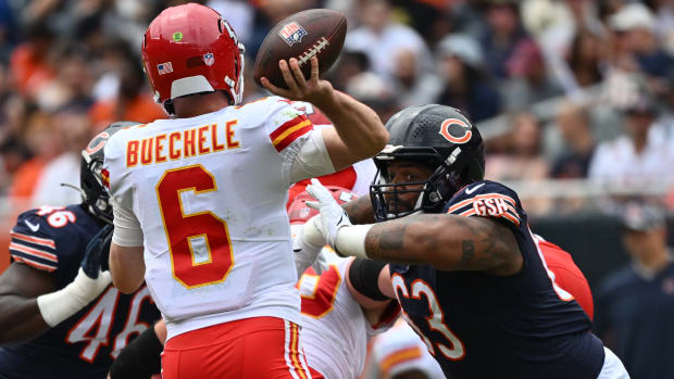 Aug 13, 2022; Chicago, Illinois, USA; Chicago Bears defensive lineman Mike Pennel Jr. (63) pressures Kansas City Chiefs quarterback Shane Buechele (6) in the second quarter at Soldier Field.