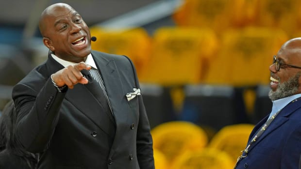 Jun 2, 2022; San Francisco, California, USA; ESPN analyst Magic Johnson before game one of the 2022 NBA Finals between the Golden State Warriors and the Boston Celtics at Chase Center.