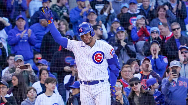 Oct 2, 2022; Chicago, Illinois, USA; Chicago Cubs catcher Willson Contreras (40) waves to the crowd during his last bat during the ninth inning at Wrigley Field.