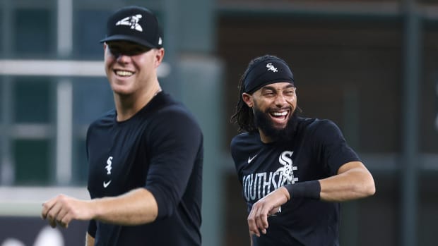 Oct 6, 2021; Houston, TX, USA; Chicago White Sox center fielder Billy Hamilton (0) laughs during workouts at Minute Maid Park.
