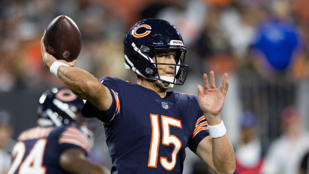 Aug 27, 2022; Cleveland, Ohio, USA; Chicago Bears quarterback Trevor Siemian (15) throws the ball during the second quarter against the Cleveland Browns at FirstEnergy Stadium.