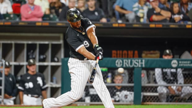Sep 13, 2022; Chicago, Illinois, USA; Chicago White Sox first baseman Jose Abreu (79) singles against the Colorado Rockies during the sixth inning at Guaranteed Rate Field.