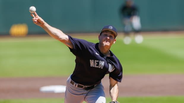 Mar 18, 2022; Bradenton, Florida, USA; New York Yankees pitcher Hayden Wesneski (19) in the first inning against the Pittsburgh Pirates during spring training at LECOM Park.