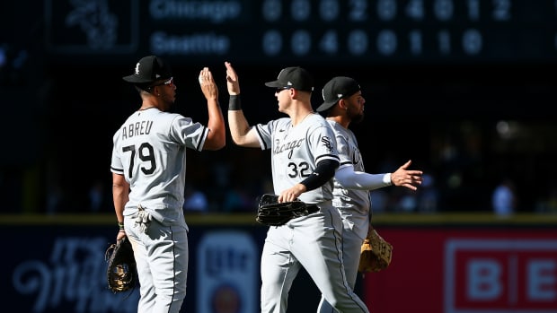 Sep 7, 2022; Seattle, Washington, USA; Chicago White Sox first baseman Jose Abreu (79) greets right fielder Gavin Sheets (32) after beating the Seattle Mariners at T-Mobile Park. The White Sox beat the Mariners 9-6.